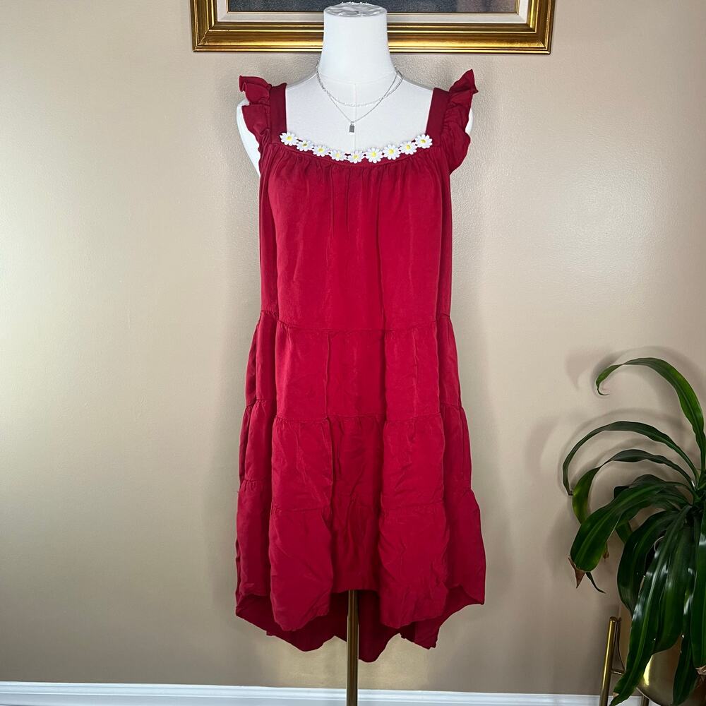 Red Ruffle Boho Square Neck Popover Summer Sundress